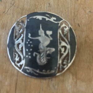 SIAM 925 Sterling Silver Vintage Enamel Niello Dancer Brooch Filigree